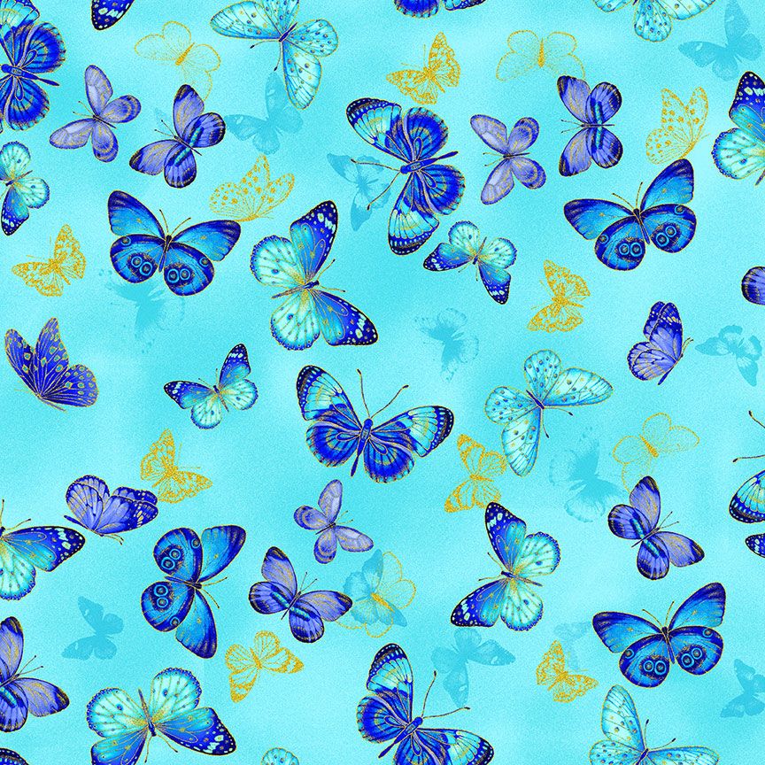 Blue metallic butterflies with gold accents floating across a soft aqua cotton background from the Escapade Collection by Timeless Treasures.