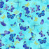 Blue metallic butterflies with gold accents floating across a soft aqua cotton background from the Escapade Collection by Timeless Treasures.