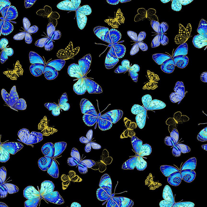 Blue and aqua metallic butterflies with gold accents scattered across a black cotton background by Timeless Treasures.