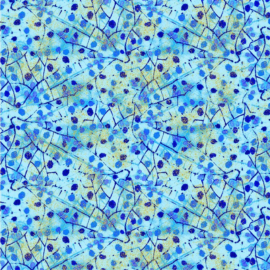 Blue and aqua metallic cotton fabric featuring abstract mosaic textures and scattered gold accents from the Escapade Collection by Timeless Treasures.