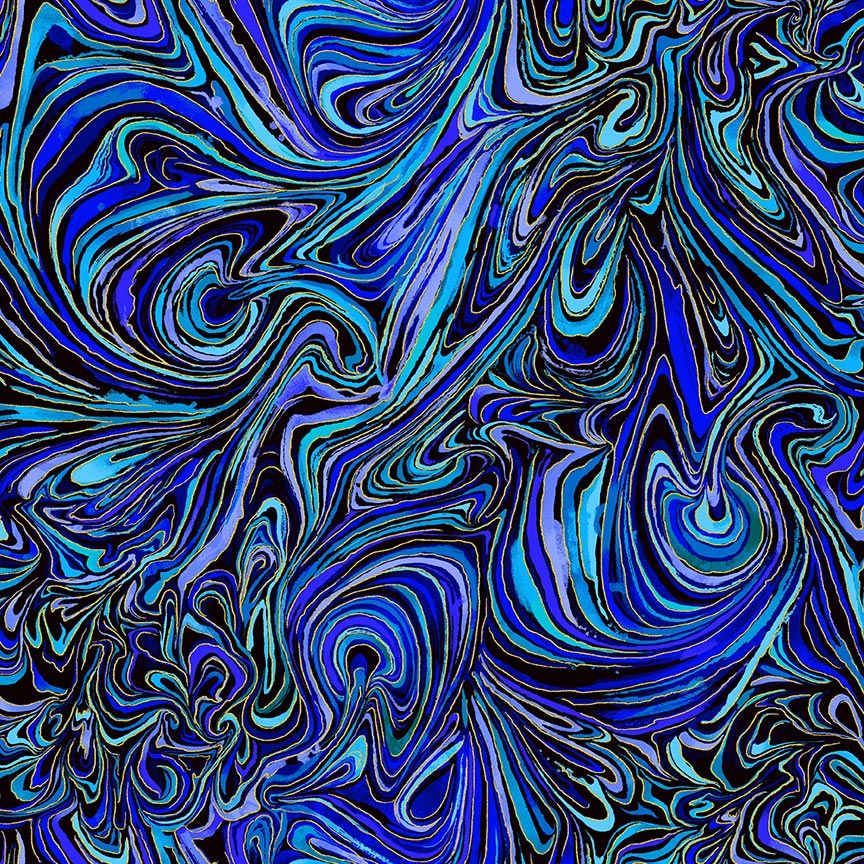 Escapade indigo metallic marble fabric featuring blue turquoise and black abstract swirls with gold metallic accents