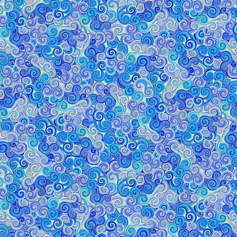 Blue and purple metallic swirl cotton fabric featuring abstract scroll and wave patterns by Timeless Treasures.