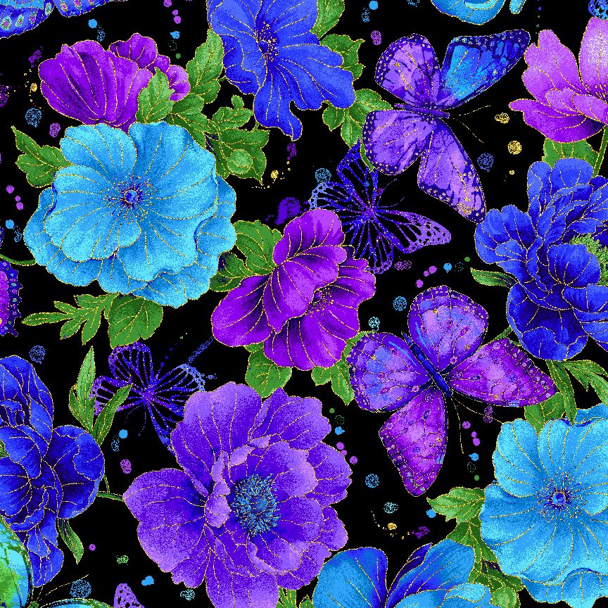 Evening Glow metallic cotton fabric by Chong-A Hwang featuring vibrant blue and purple flowers, butterflies, and gold metallic accents on a black background.