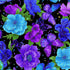 Evening Glow metallic cotton fabric by Chong-A Hwang featuring vibrant blue and purple flowers, butterflies, and gold metallic accents on a black background.