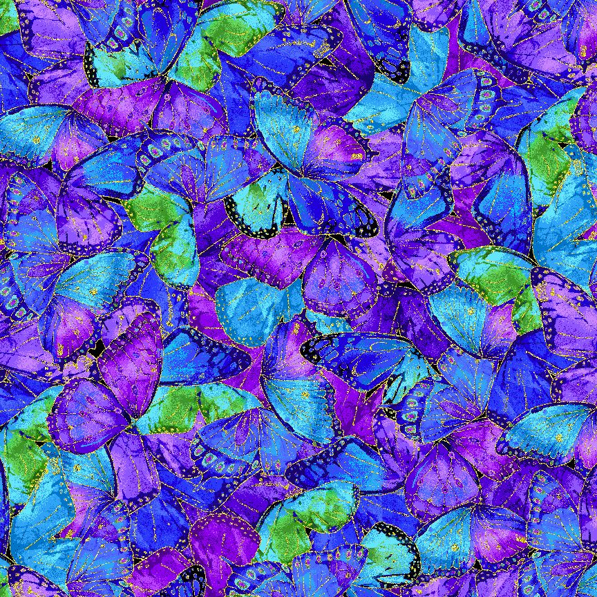 Evening Glow metallic butterfly cotton fabric by Chong-A Hwang featuring vibrant blue, purple, teal, and green butterflies with shimmering gold metallic accents.