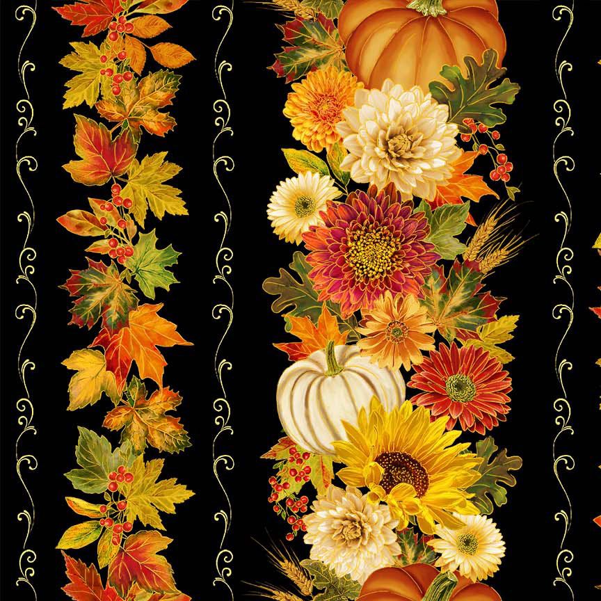 Give Thanks Harvest 11 Inch Stripe cotton fabric by Timeless Treasures featuring pumpkins, sunflowers, chrysanthemums, autumn leaves, and metallic accents on a black background.
