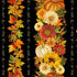 Give Thanks Harvest 11 Inch Stripe cotton fabric by Timeless Treasures featuring pumpkins, sunflowers, chrysanthemums, autumn leaves, and metallic accents on a black background.