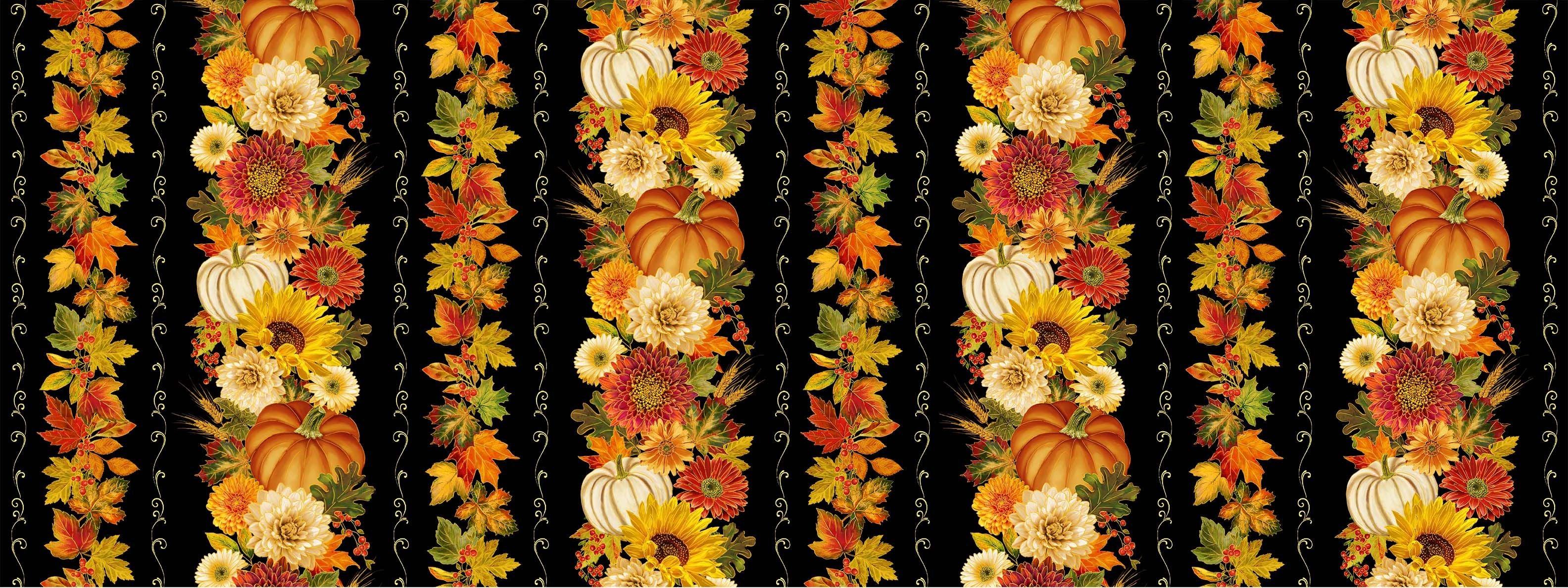 Give Thanks Harvest 11 Inch Stripe cotton fabric by Timeless Treasures featuring pumpkins, sunflowers, chrysanthemums, autumn leaves, and metallic accents on a black background.