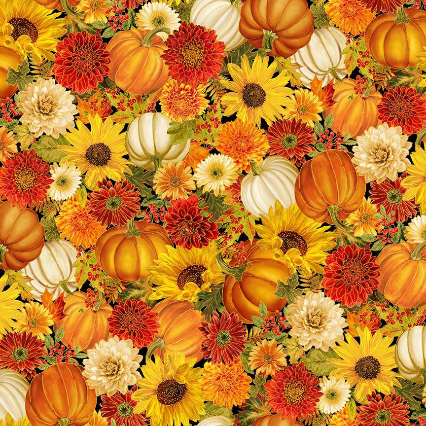 Give Thanks Harvest Floral & Pumpkin Metallic cotton fabric by Timeless Treasures featuring pumpkins, sunflowers, chrysanthemums, and autumn flowers with metallic accents.