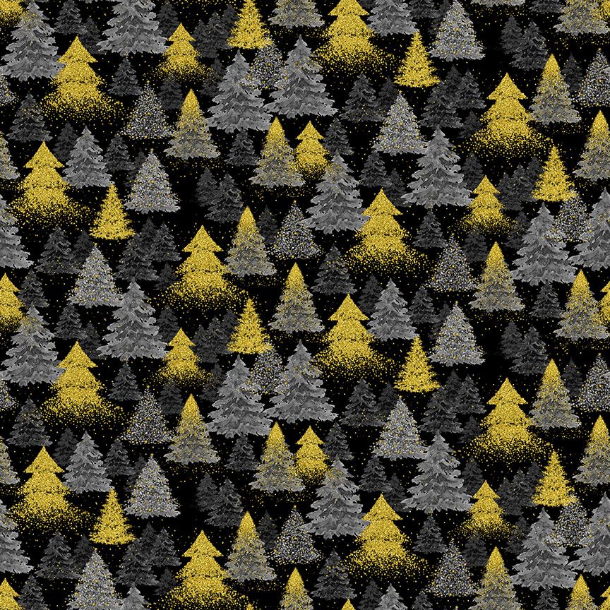 Merry Christmas Metallic Christmas Tree Black fabric by Timeless Treasures – gold Christmas trees on black cotton.
