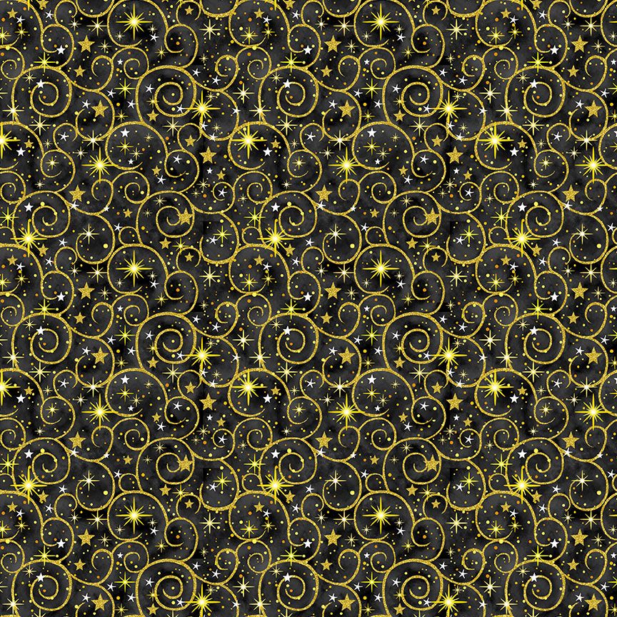 Merry Christmas Metallic Swirl Black fabric by Timeless Treasures – black cotton with metallic gold swirls.