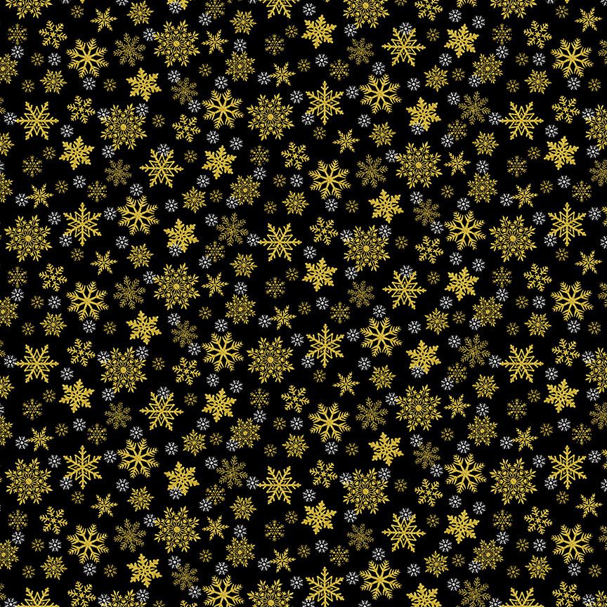 Merry Christmas Metallic Snowflakes Black fabric by Timeless Treasures – black cotton with gold metallic snowflakes.