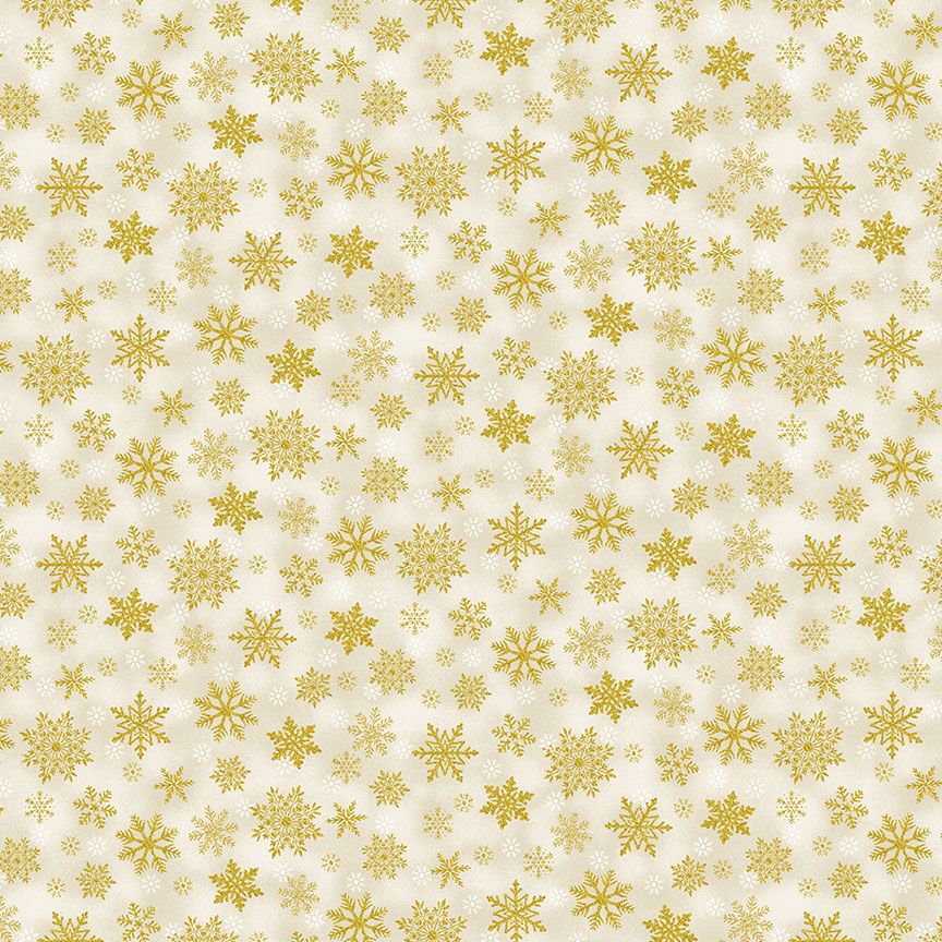 Merry Christmas Metallic Snowflakes Cream fabric by Timeless Treasures – cream cotton with gold metallic snowflakes.