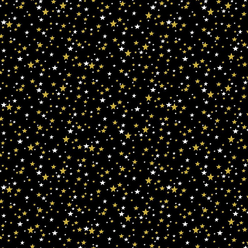 Merry Christmas Metallic Stars Black fabric by Timeless Treasures – black cotton with metallic gold stars.