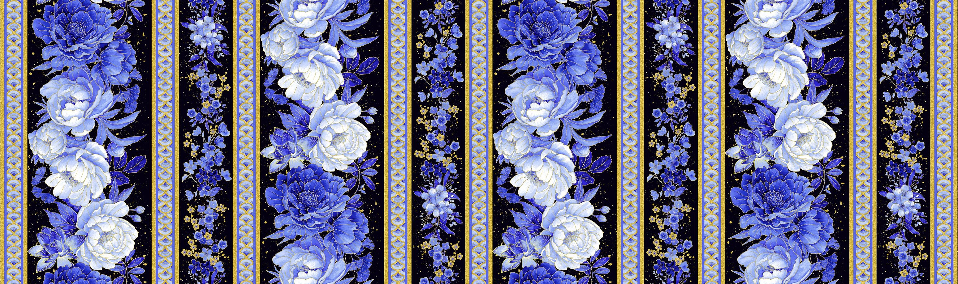 Blue and white peony floral 11-inch stripe fabric with gold metallic accents by Chong-a Hwang for Timeless Treasures.