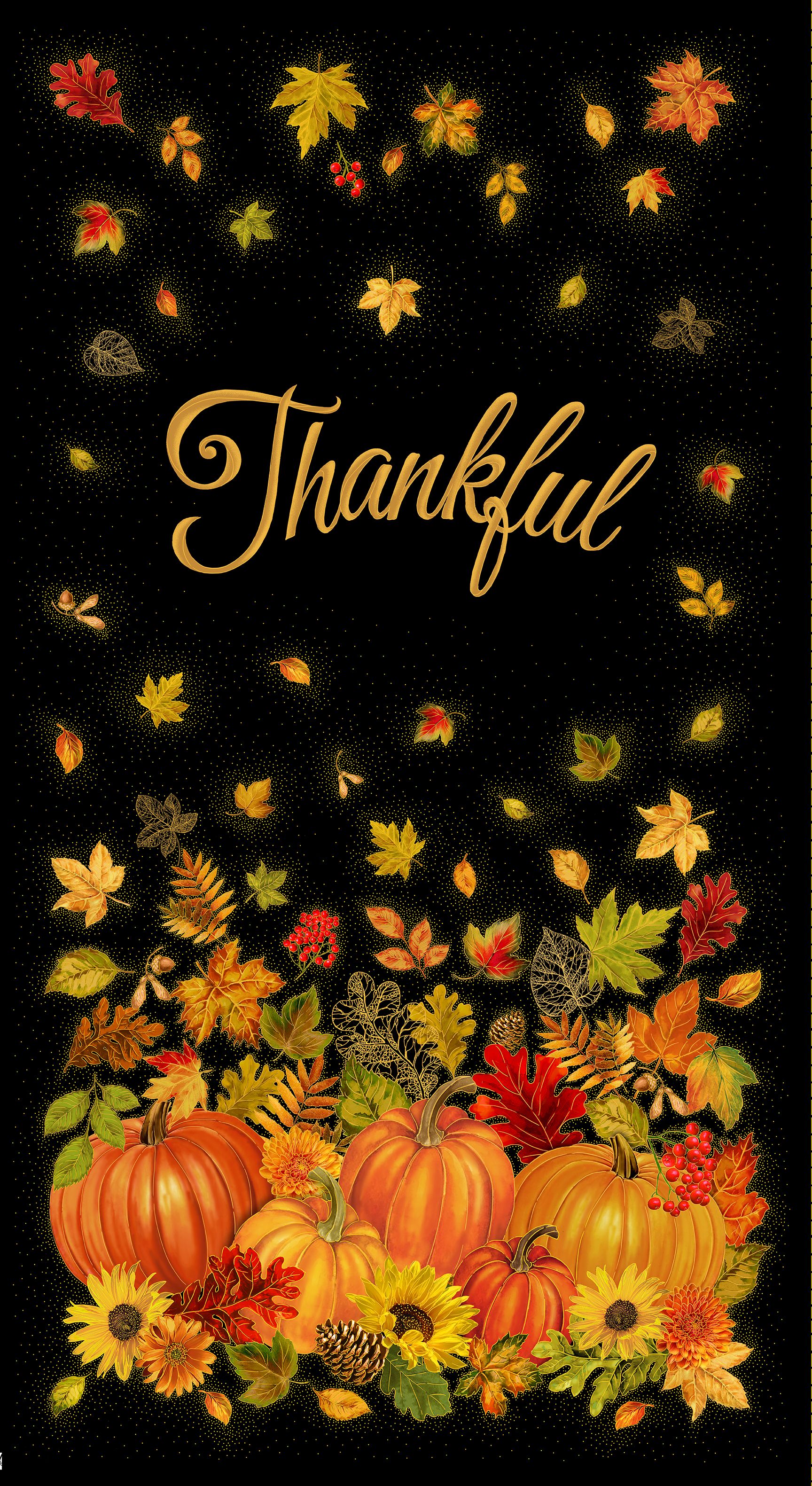 Thankful metallic pumpkin panel fabric with autumn leaves and sunflowers on black background by Timeless Treasures