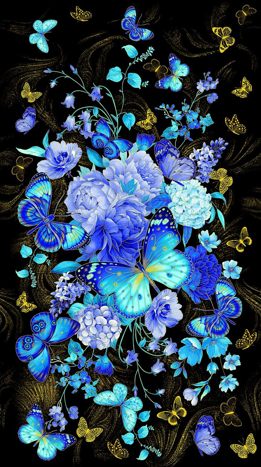 Blue butterflies and floral metallic panel fabric on black background by Chong-A Hwang for Timeless Treasures