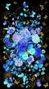 Blue butterflies and floral metallic panel fabric on black background by Chong-A Hwang for Timeless Treasures