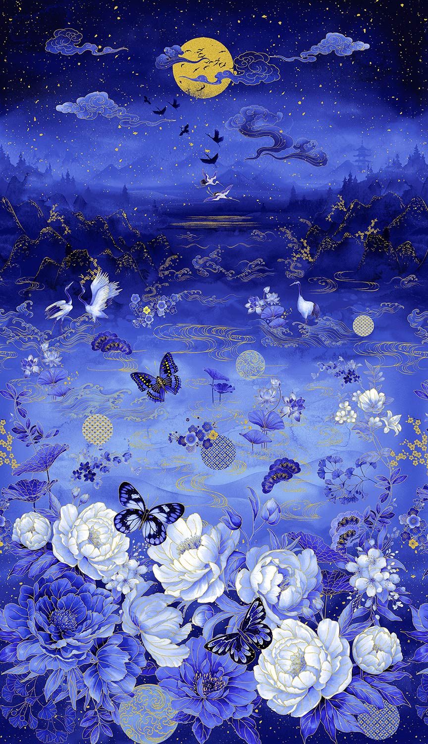 Asian Moonlight fabric panel with moon, cranes, butterflies, and blue florals by Chong-a Hwang for Timeless Treasures.