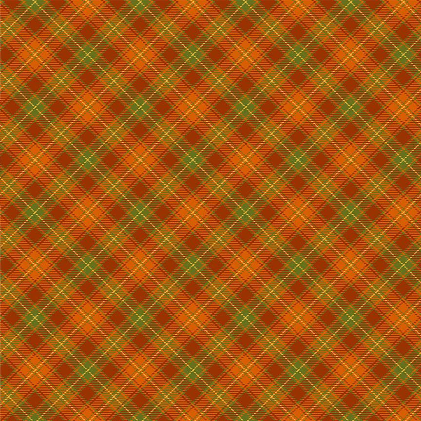 Give Thanks Bias Tartan Plaid Metallic cotton fabric by Timeless Treasures featuring diagonal autumn plaid in orange, rust, olive green, and gold metallic accents.