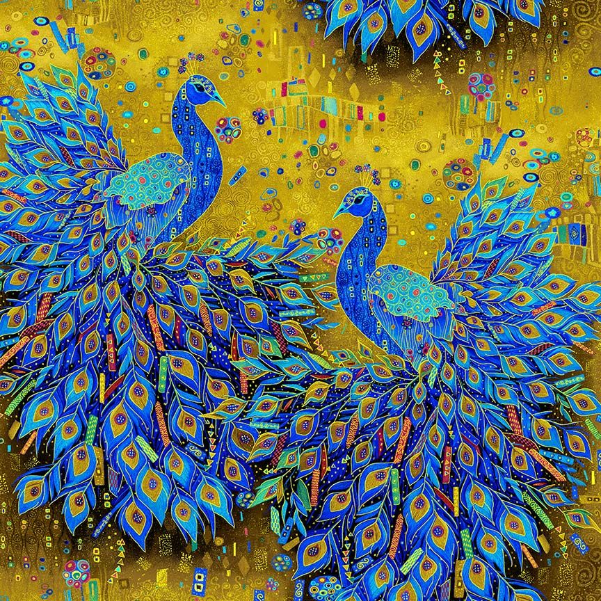 Gilded Plume Royal Peacocks Metallic fabric by Chong-A Hwang for Timeless Treasures – regal peacocks with gold accents.