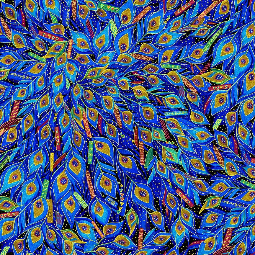 Gilded Plume Metallic Peacock Feathers fabric by Chong-A Hwang for Timeless Treasures – cotton with gold accents.