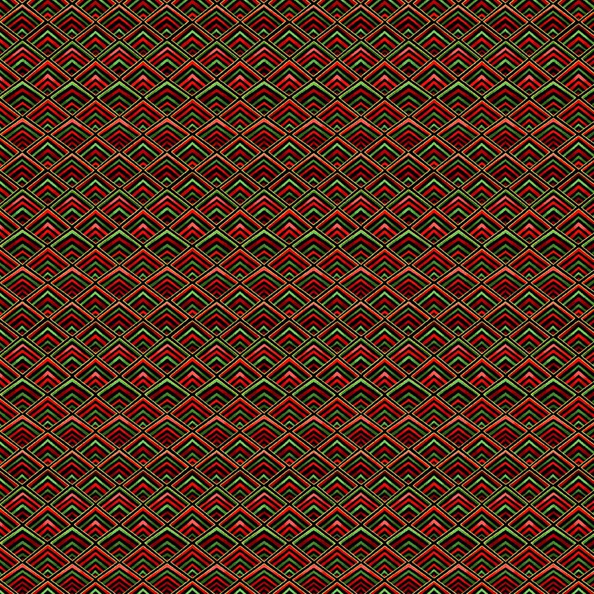 Gilded Plume Diamond Geo Metallic cotton fabric by Chong-A Hwang featuring red, green, and black geometric diamonds with metallic gold accents