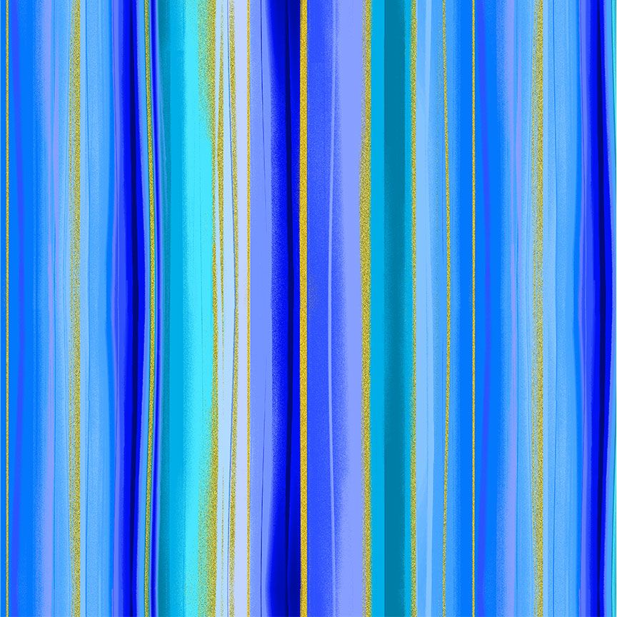 Escapade Watercolor Stripe Metallic fabric featuring blue watercolor vertical stripes with shimmering metallic gold accents by Chong-A Hwang