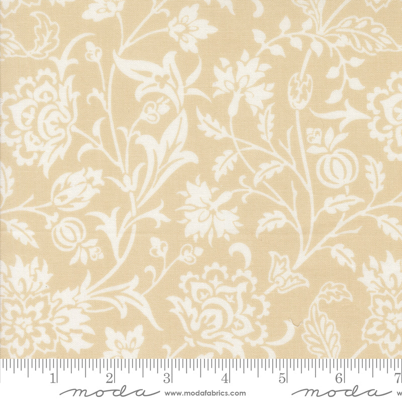 Agatha Road Floral Smoke Quilt Back Fabric by Fig Tree Co. for Moda Fabrics featuring a cream floral vine pattern on a warm smoke-beige background.