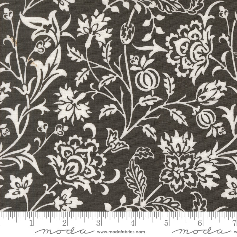 Agatha Road Floral Midnight Quilt Back Fabric by Fig Tree Co. for Moda Fabrics featuring white floral vines on a deep black background.