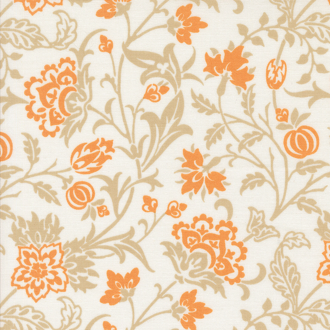 Agatha Road Floral Ghost Quilt Back Fabric by Fig Tree Co. for Moda Fabrics featuring taupe and orange floral designs on a creamy ivory background.
