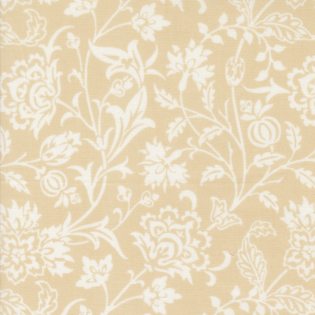 Agatha Road Floral Smoke Quilt Back Fabric by Fig Tree Co. for Moda Fabrics featuring a cream floral vine pattern on a warm smoke-beige background.