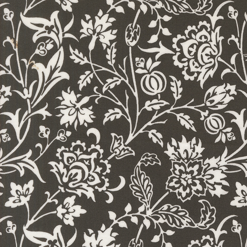 Agatha Road Floral Midnight Quilt Back Fabric by Fig Tree Co. for Moda Fabrics featuring white floral vines on a deep black background.