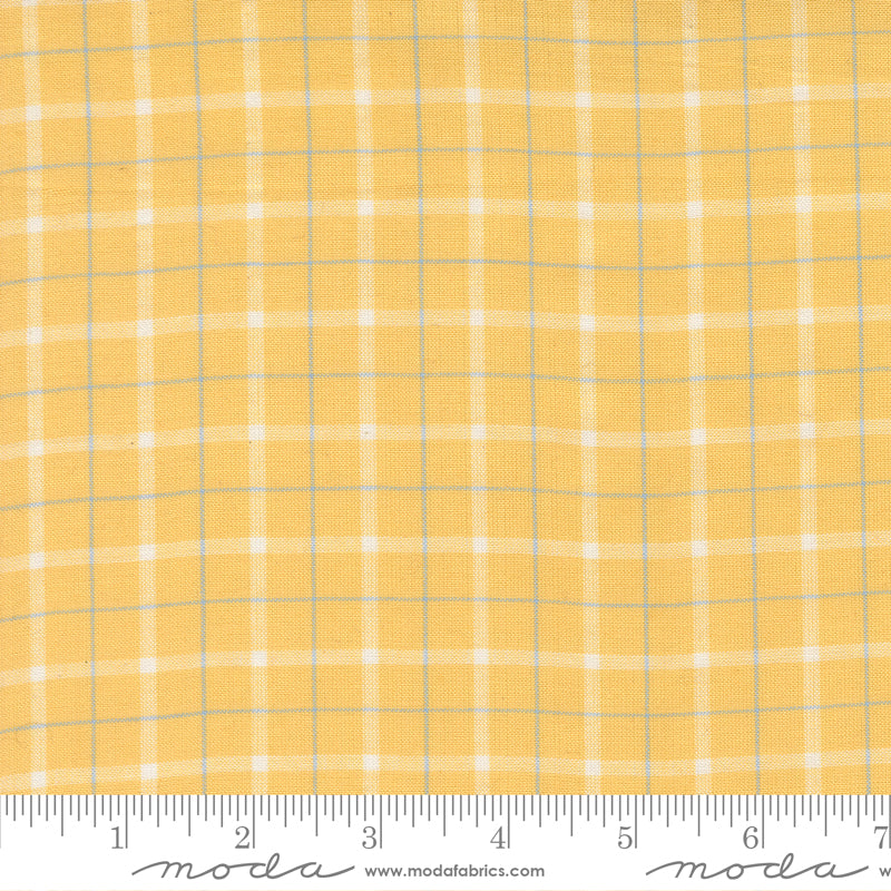 Summer Solstice Wovens Windowpane Afternoon yellow woven cotton fabric featuring a white and pale blue windowpane plaid by Pieces To Treasure for Moda Fabrics.