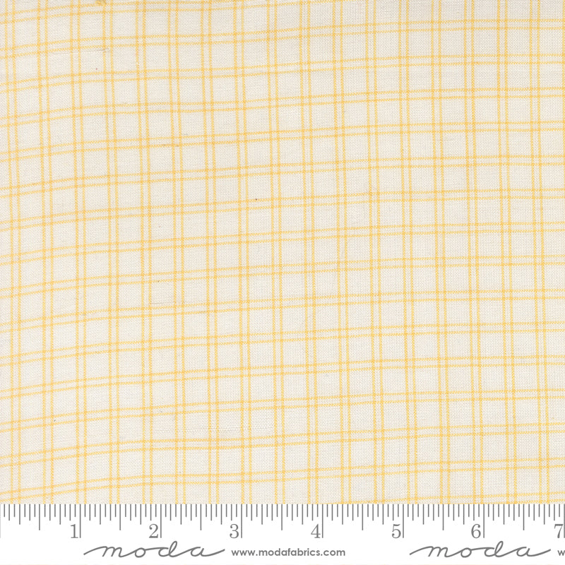 Summer Solstice Wovens Checks Afternoon woven cotton fabric featuring a delicate golden yellow check pattern on a white background by Pieces To Treasure for Moda Fabrics.