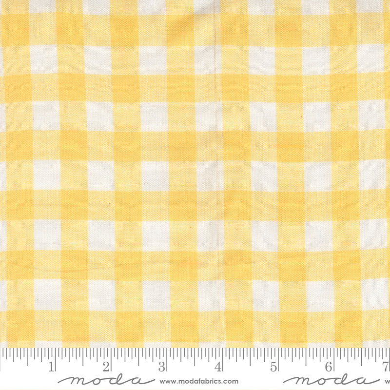 Summer Solstice Wovens Gingham Afternoon woven cotton fabric featuring a classic yellow and white gingham check by Pieces To Treasure for Moda Fabrics.