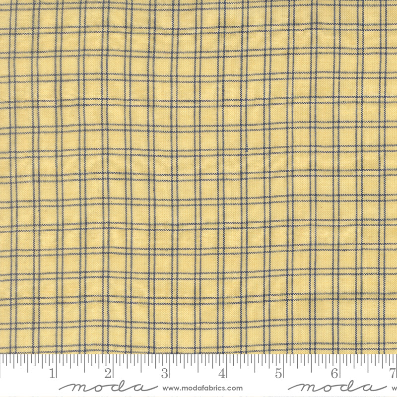 Summer Solstice Wovens Checks Canary woven cotton fabric featuring a warm canary yellow background with a classic navy blue check pattern by Pieces To Treasure for Moda Fabrics.