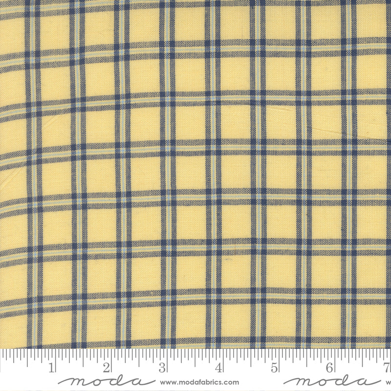 Summer Solstice Wovens Windowpane Canary woven cotton fabric featuring a warm canary yellow background with a classic navy blue windowpane plaid by Pieces To Treasure for Moda Fabrics.