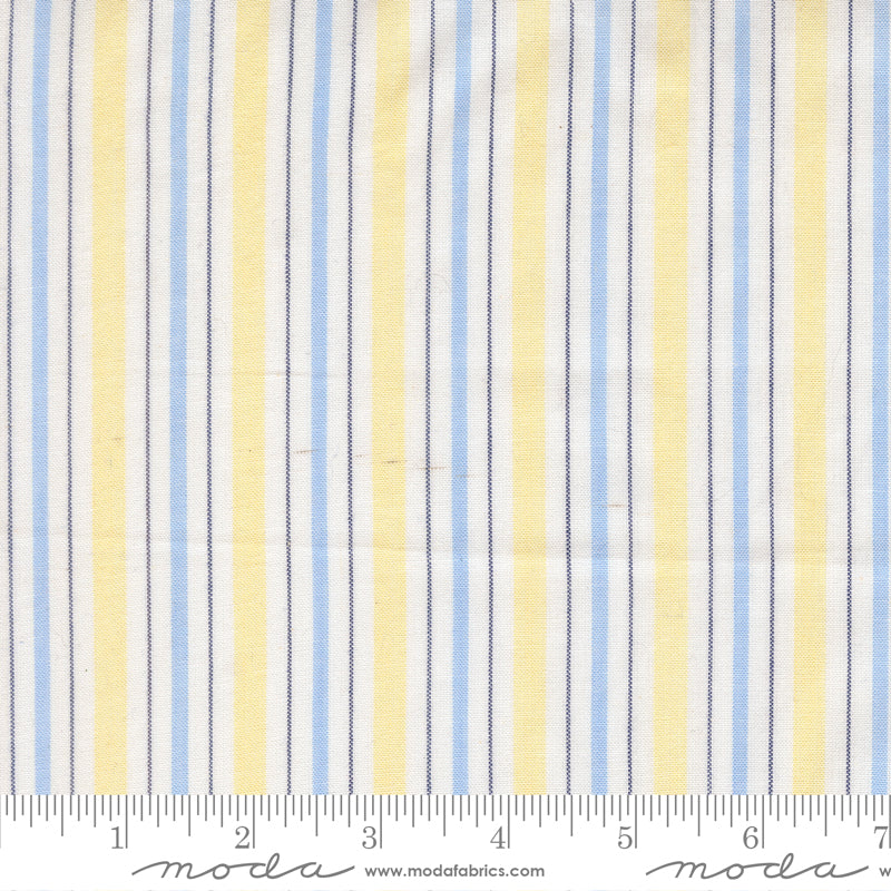 Summer Solstice Wovens Simple Stripe Canary woven cotton fabric featuring vertical canary yellow, sky blue, white, and navy stripes by Pieces To Treasure for Moda Fabrics.