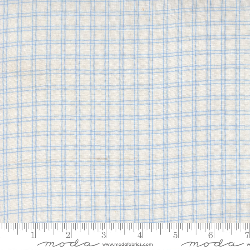 Summer Solstice Wovens Checks Waterfall woven cotton fabric featuring delicate sky blue checks on an ivory background by Pieces To Treasure for Moda Fabrics.