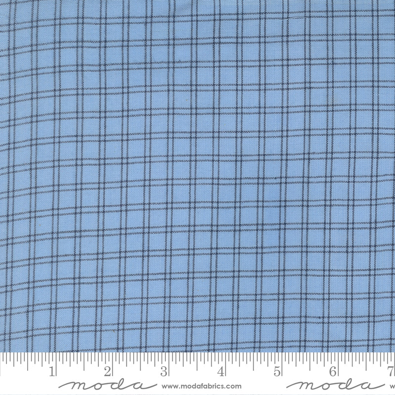 Summer Solstice Wovens Blue Checks Waterfall woven cotton fabric featuring fine navy checks on a soft sky blue background by Pieces To Treasure for Moda Fabrics.