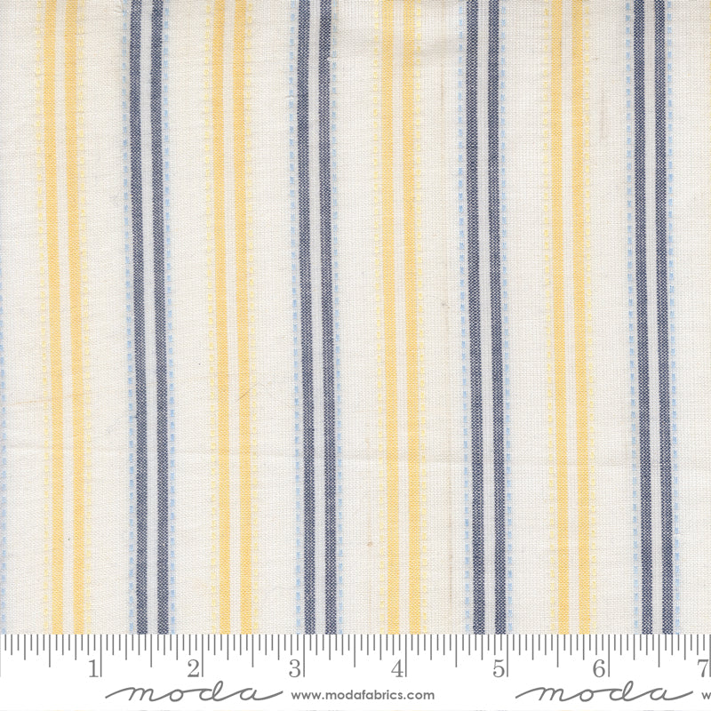 Summer Solstice Wovens Ticking Stripe Afternoon woven cotton fabric featuring yellow, navy, and sky blue ticking stripes on an ivory background by Pieces To Treasure for Moda Fabrics.