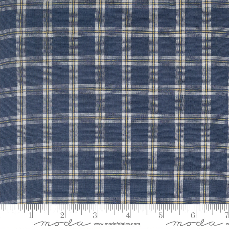 Summer Solstice Wovens Plaid Nautical Blue woven cotton fabric featuring a classic navy blue, ivory, and golden plaid by Pieces To Treasure for Moda Fabrics.