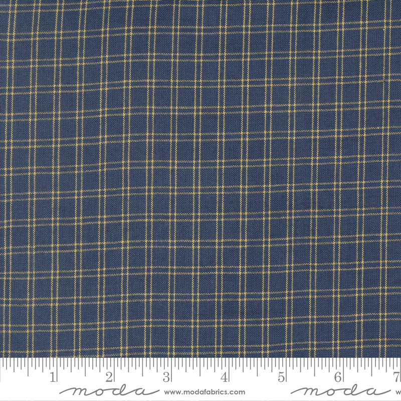 Summer Solstice Wovens Checks Nautical Blue woven cotton fabric featuring a fine navy blue and golden check pattern by Pieces To Treasure for Moda Fabrics.