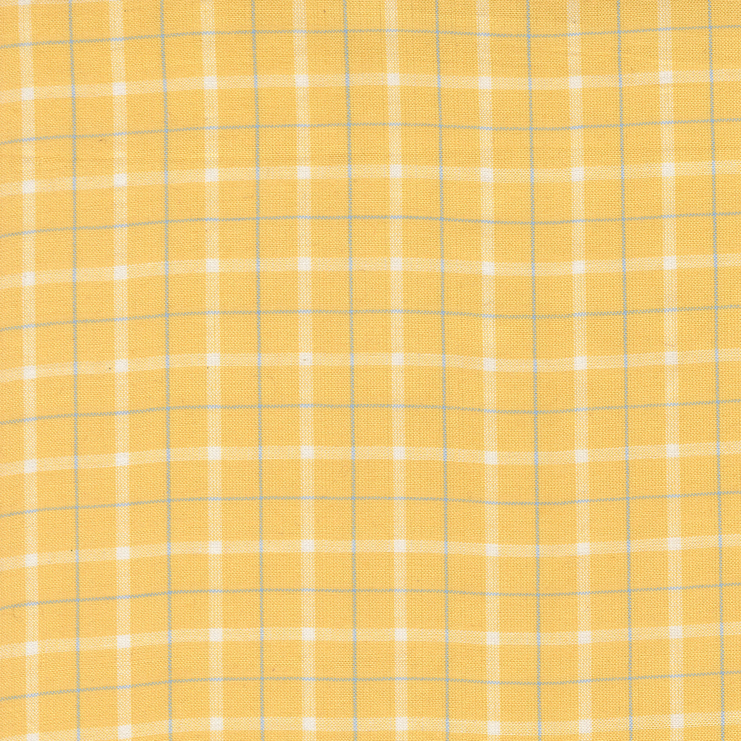 Summer Solstice Wovens Windowpane Afternoon yellow woven cotton fabric featuring a white and pale blue windowpane plaid by Pieces To Treasure for Moda Fabrics.
