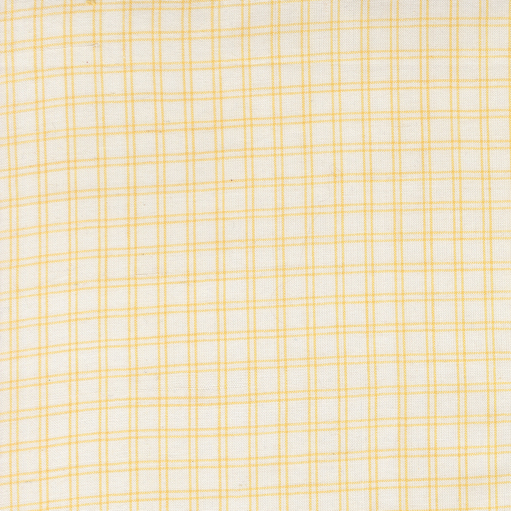 Summer Solstice Wovens Checks Afternoon woven cotton fabric featuring a delicate golden yellow check pattern on a white background by Pieces To Treasure for Moda Fabrics.