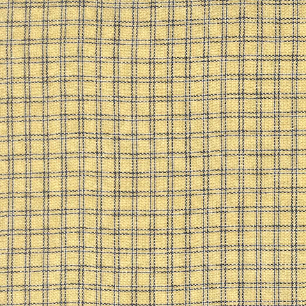 Summer Solstice Wovens Checks Canary woven cotton fabric featuring a warm canary yellow background with a classic navy blue check pattern by Pieces To Treasure for Moda Fabrics.