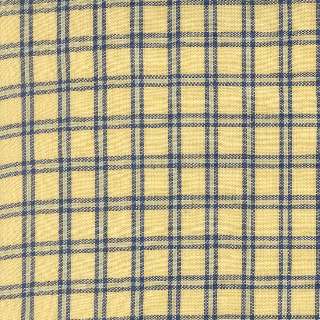 Summer Solstice Wovens Windowpane Canary woven cotton fabric featuring a warm canary yellow background with a classic navy blue windowpane plaid by Pieces To Treasure for Moda Fabrics.