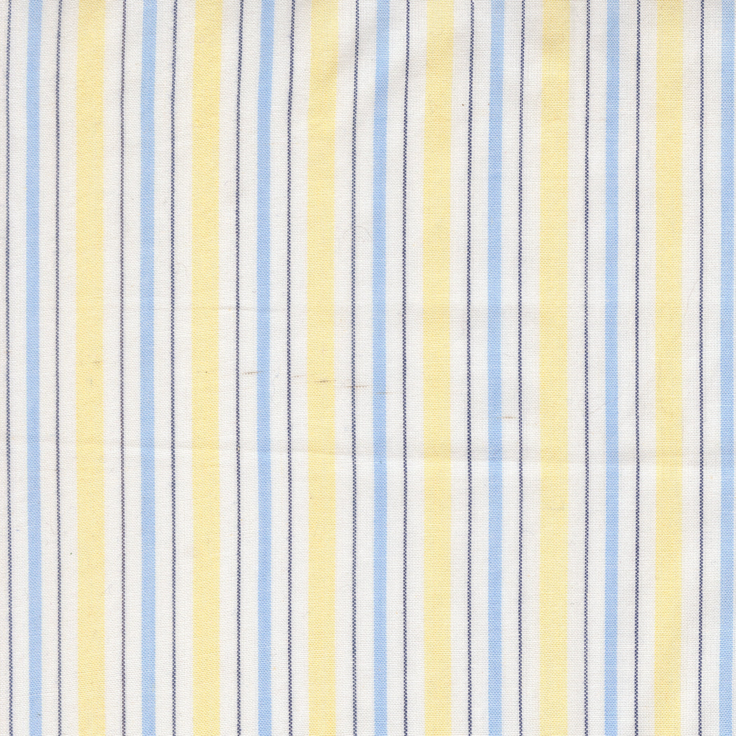 Summer Solstice Wovens Simple Stripe Canary woven cotton fabric featuring vertical canary yellow, sky blue, white, and navy stripes by Pieces To Treasure for Moda Fabrics.