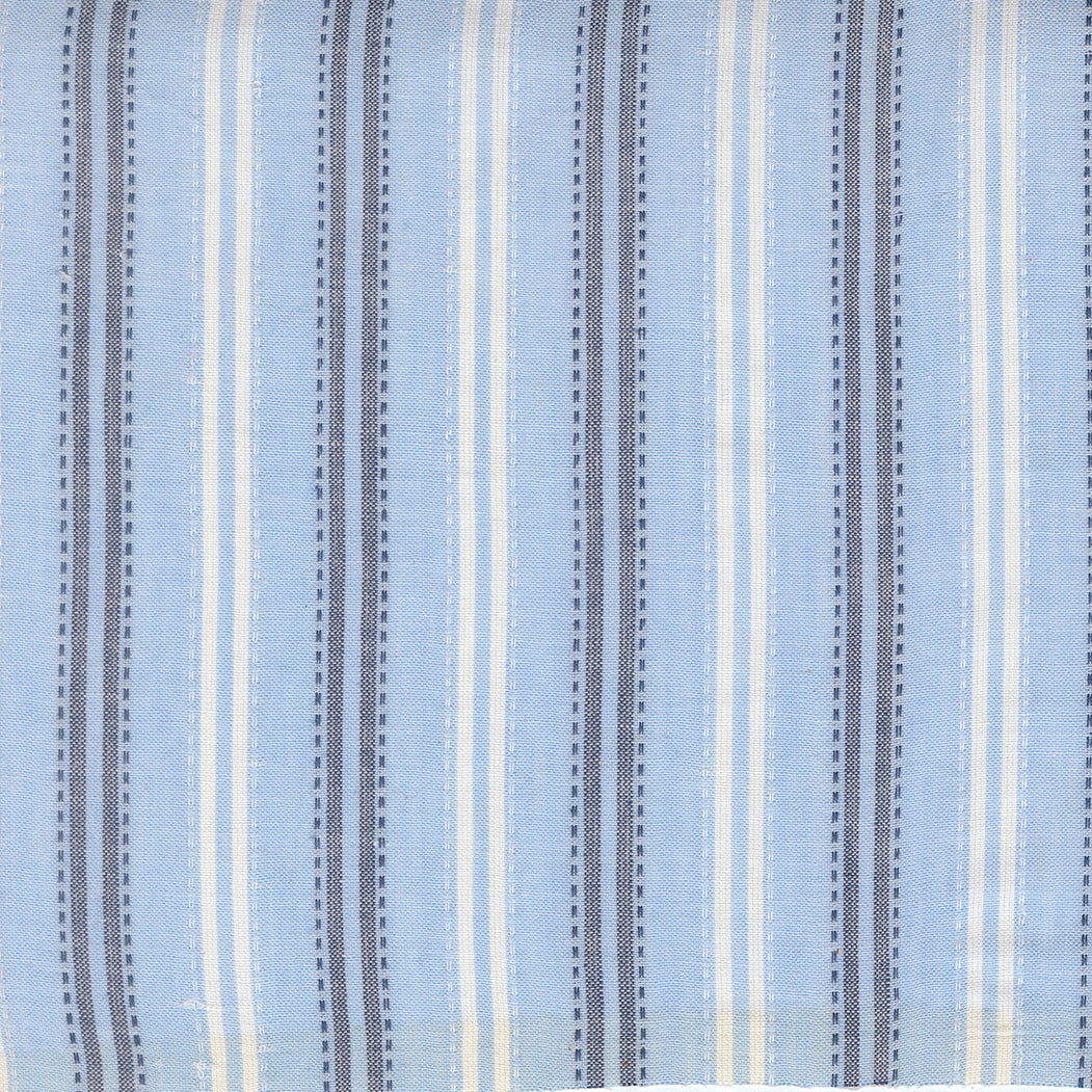 Summer Solstice Wovens Ticking Stripe Waterfall woven cotton fabric featuring sky blue, ivory, and navy vertical ticking stripes by Pieces To Treasure for Moda Fabrics.